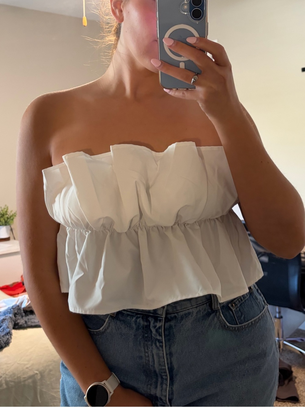 White Strapless Ruffle Top